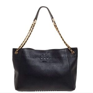 Tory Burch Black Leather Shoulder Bag with Gold Chain